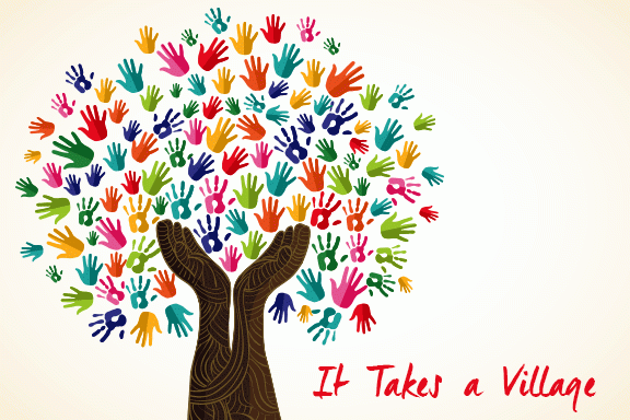 drawing of a tree made of multicolored handprints and red cursive text saying "It takes a village"